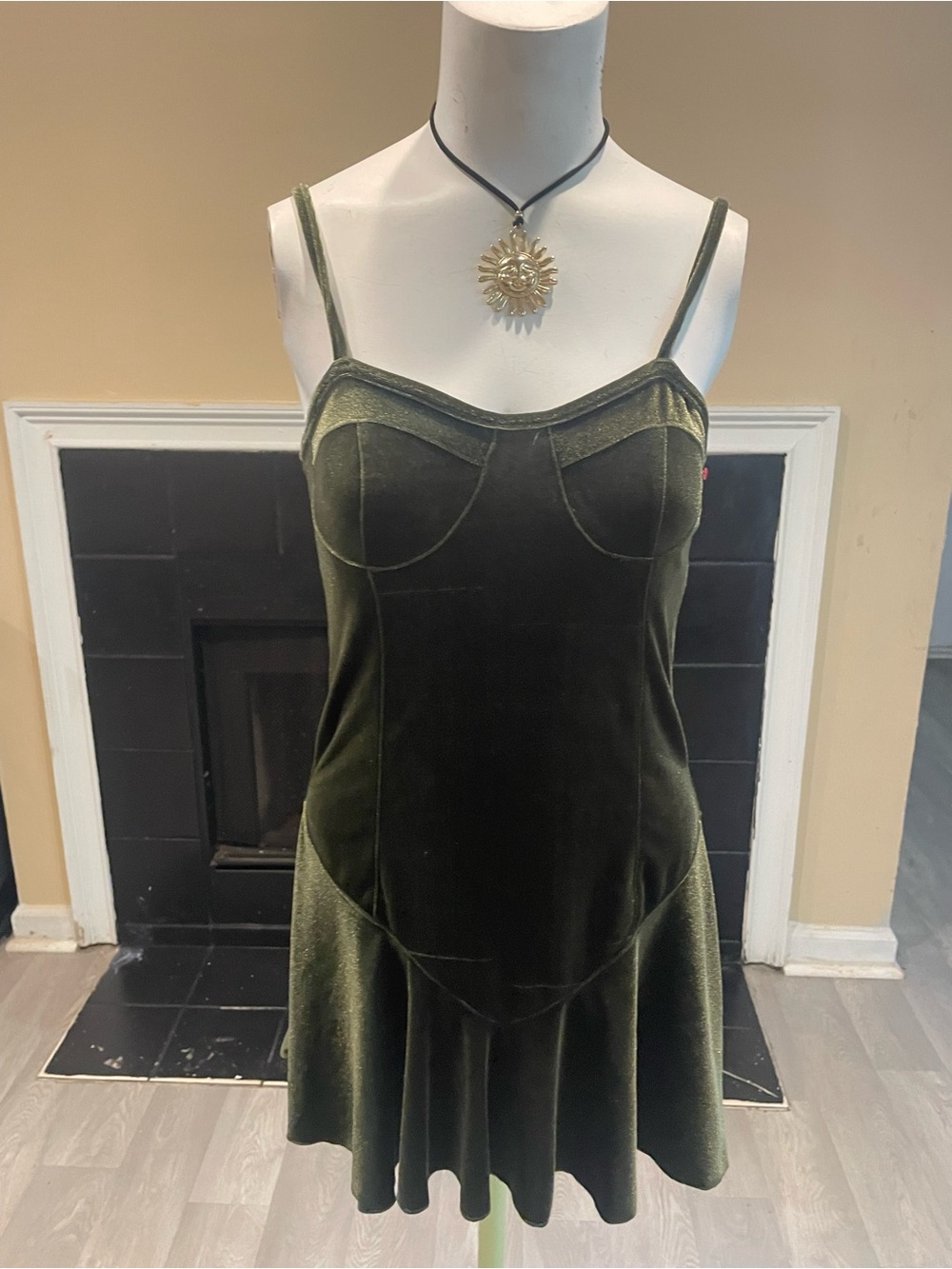 SHEIN Olive Green Velvet Spaghetti Strap Mini Dress dark romantic grunge